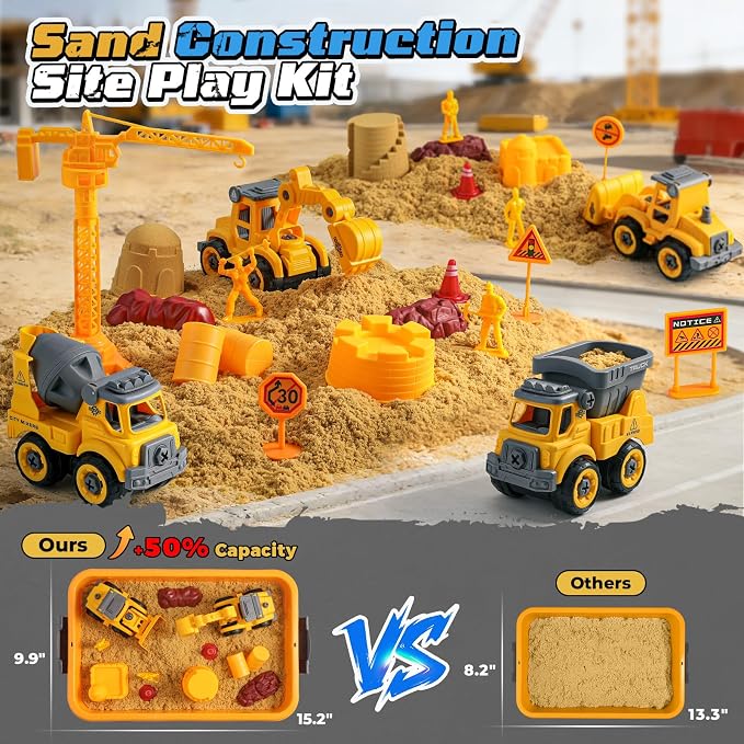 OENUX Construction Play Sand Kit with 4 Take Apart Trucks for Boys Age 3-8 | 2.2lbs Soft Play Sand, Sandbox with Lid, Sand Toys, Sensory Bin with 4 Sand Molds, Easy to Clean and Storage, Gift Idea