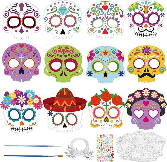 24 Pcs Day of The Dead Crafts for Kids DIY Coloring Halloween Masks | Color Your Own Skull Masks Dia de Los Muertos Party Games for Boys Girls School Classroom Craft Toys Cosplay Dress Up