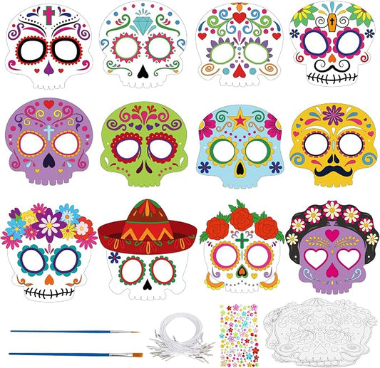 24 Pcs Day of The Dead Crafts for Kids DIY Coloring Halloween Masks | Color Your Own Skull Masks Dia de Los Muertos Party Games for Boys Girls School Classroom Craft Toys Cosplay Dress Up