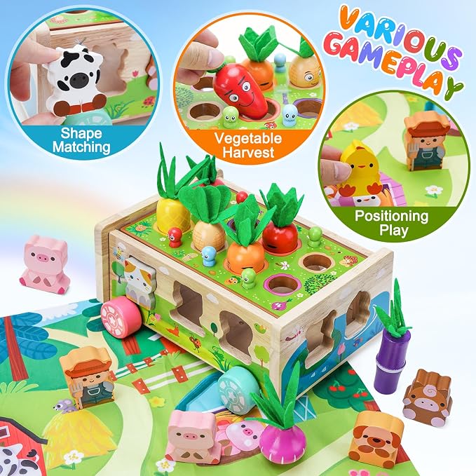Toddler Montessori Wooden Farm Toys for 1 2 3 Year Old Babies Boys Girls | 12-18 Months Toy with Game Map | 1st First Birthday Gifts for 1-2 Years | Wood Learning Educational Toys Fine Motor Skills