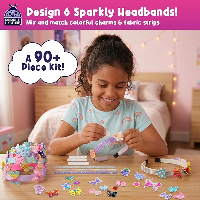 Glamour Headband Making Kit for Girls Ages 5+, Mess-Free Playdate Activity | DIY Craft Kit with 6 Satin Headbands for Girls, Easy to Make, Screen-Free Activity, Birthday Gifts for 5 Years Old Girls