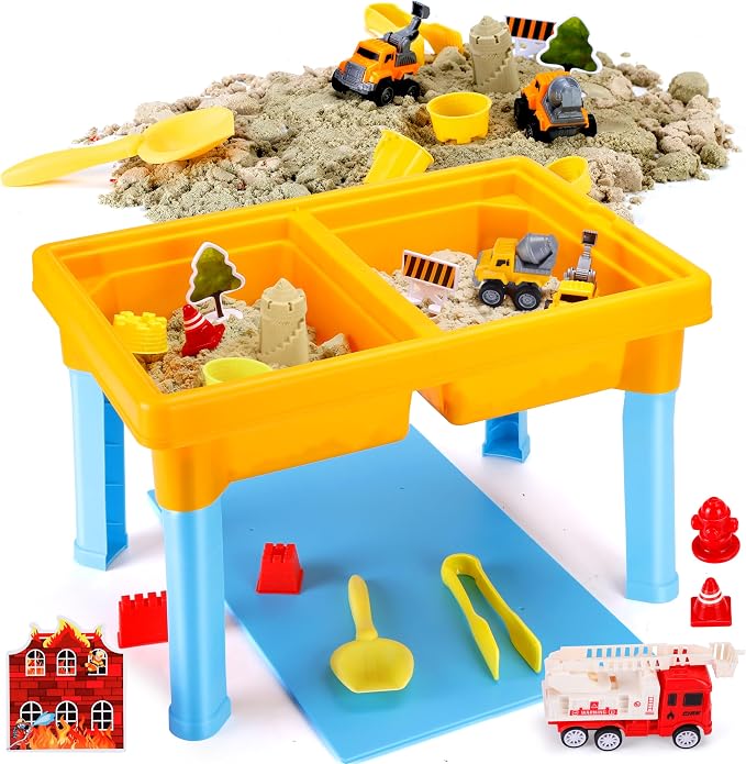 Carolart Construction Water & Sand Table, 2 in 1 Sensory Table Gift | Construction Firefighting Sensory Table with Lid, Standing Sensory Bin with Sensory Sand, Indoor Outdoor Kit for toddlers
