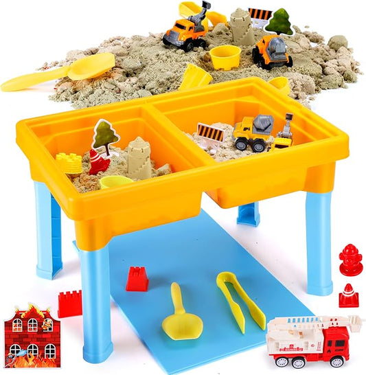 Carolart Construction Water & Sand Table, 2 in 1 Sensory Table Gift | Construction Firefighting Sensory Table with Lid, Standing Sensory Bin with Sensory Sand, Indoor Outdoor Kit for toddlers