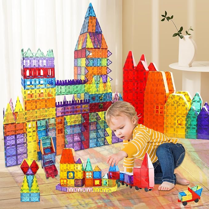 Paaxido Magnetic Tiles - 130PCS Magnetic Blocks for Kids, Magnet Tiles Building Blocks Set with 2 Cars, Construction STEM Magnet Toys Gift for Kids, Boys and Girls 3 4 5 6 7 8+ Year Old