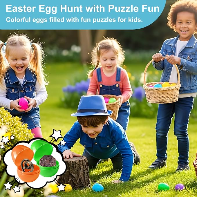 32 Pack Brain Teaser Puzzles & Colorful Easter Eggs - Challenging Metal Wire Puzzles for Kids & Adults - DIY Easter Basket Stuffers, Family Logic Games, Party Favors