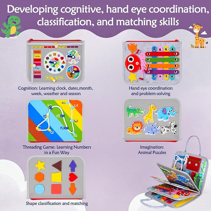 Montessori Busy Board for Toddlers – Sensory Busy Book with Buckles, Zippers, Letters, Animals, Toddler Activities – Fine Motor Skills Development Learning for Boys Girls Travel Activity