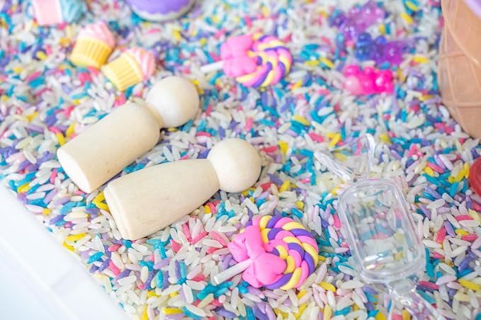 Sweets Shop Sensory Bin Kit for Kids | Bright Rainbow Rice, Candy Erasers, Donut Containers & Wooden Tools – Includes Clear Storage Bin