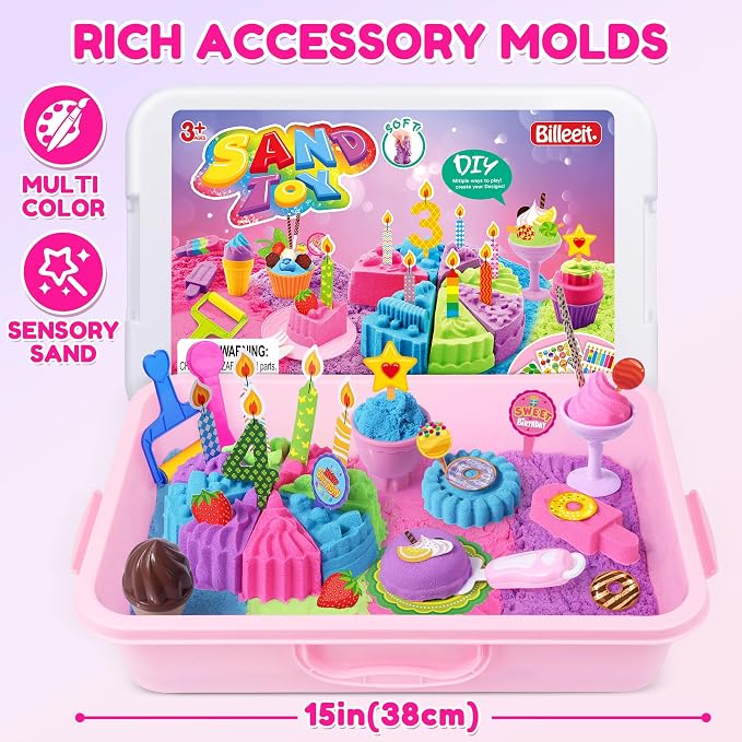 Billeeit. Cake & Ice Cream Sensory Bin Sand Toy, Fun Gift for Kids Girls 3+ | Sand Kit Sensory Toys w/lid and 4 Color Moldable Sensory Play Sand 2.2lbs, Molds, Tools Set 43pcs Total for Toddlers