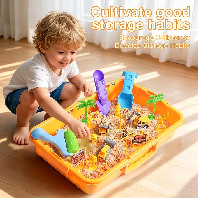 Construction Sensory Bin, 3.3lbs Sensory Sand, Play Sand for Kids 3+ | Sand Construction Site Kit, Construction Trucks, Traffic Signs, Worker Figures, Pretend Play Sand Toys for Boys Ages 3+