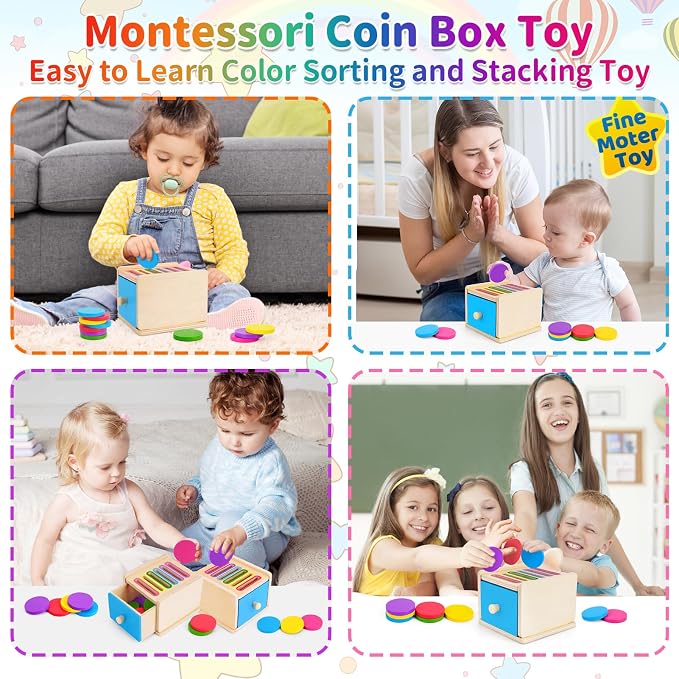 FCSONU Toddlers Montessori Coin Box Toys for 1 2 3 Year Old Boys Girls Baby | Learning Color Sorting Toys | Sensory Toys | Fine Motor Skills Toys for Toddlers 1-3, Easter Christmas 1st Birthday Gifts 12M