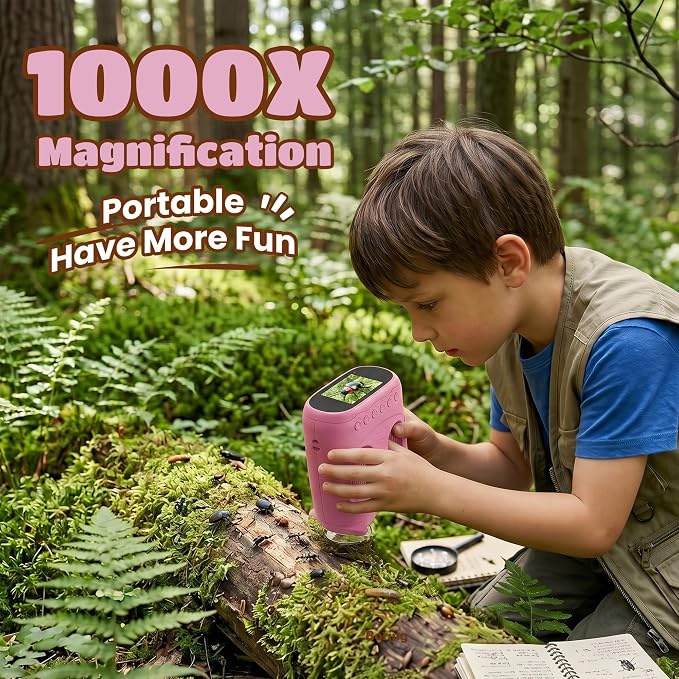 1000X Digital Microscope for Kid Handheld: 2-in-1 Telescope Portable STEM Toy - Birthday Gift for Boy Girl - Science Kits 10X Magnifying Glass for Age 3-8 8-12 USB Gadget Pink