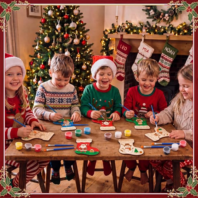 Saypacck 24 Pcs Christmas Stocking Party Favors Wooden Paint Craft Kits | Unicorn Mermaid Designs, Brushes Paints Organza Bags Included, Birthday Goodie Bag Fillers, Kids Girls Thank You Gifts