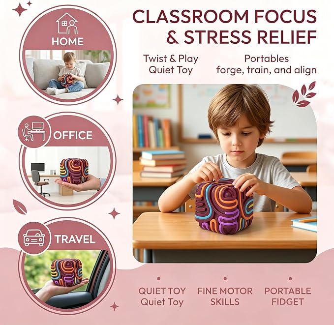Sensory Activity Board Cube Fidget Toys for Kids & Adults - Zero Noise Silicone Quiet Toddler Travel Toys for Car Rides & Airplane - Autism ADHD Calming Toy Gift Stuffers with 15 Strings