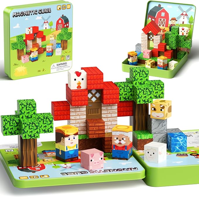 Mini Magnetic Blocks for Travel Toys: 49 Pcs Farm Animals Iron Storage Box | Portable Play Base Magnets Building Cubes Car Rides Activity & Plane Trips Essentials STEM Learning for Kids Toddler Ages 3-8