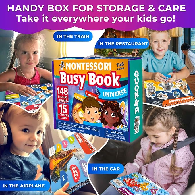 Montessori Busy Book for Kids Ages 4-8 — My Preschool Toddler Busy Book 3-5 | Velcro Pre K Toddler Learning Busy Book for Homeschooling — Kids Educational Solar System — 15 Activities with 178 Elements