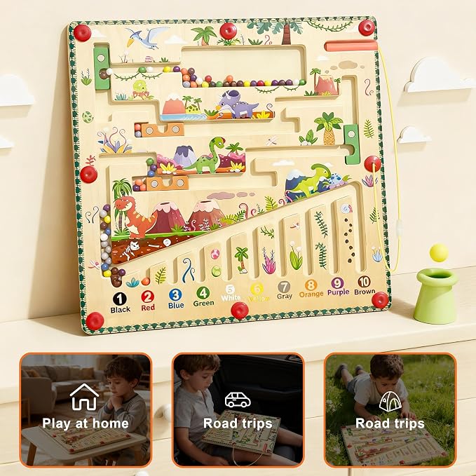 Magnetic Maze for Toddlers 3+, Dinosaur | Color and Number Maze, Montessori Wooden Color Sorting & Counting Board, Fine Motor Skills Preschool Learning Toy
