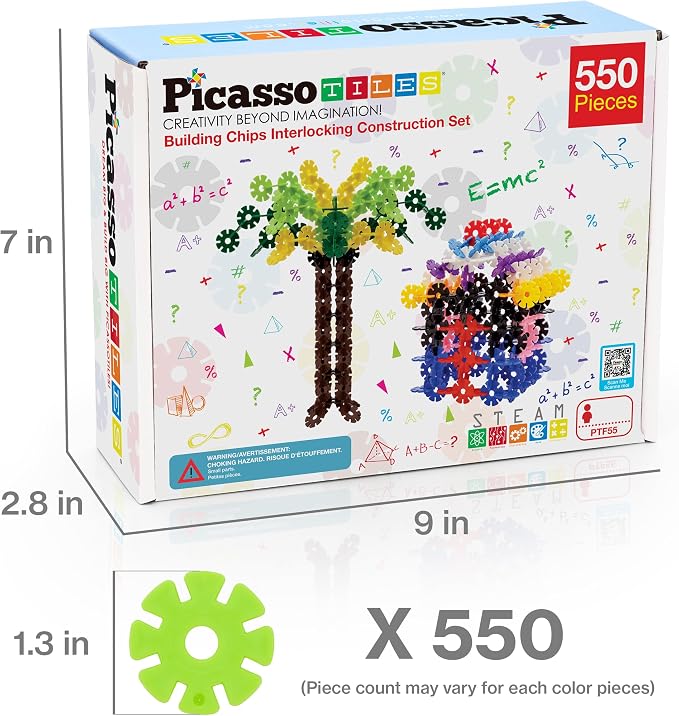 PicassoTiles 550 Piece Building Chips Interlocking Construction Toys Creative Disc Block Toy Kit 3D Stacking Puzzle STEM Learning Early Education for Preschool Montessori Kids Boys Girls Age 3 PTF55