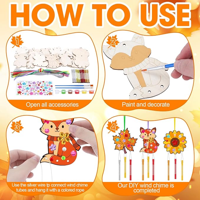 JellyArch 30 Pack Wind Chime Craft Kit, Wooden DIY Fall Animal Painting | 10 Designs Owl Fox Pumpkin Leaf Apple, Bulk Party Favors for Kids Adults, Includes Stickers Wood Sticks for Thanksgiving
