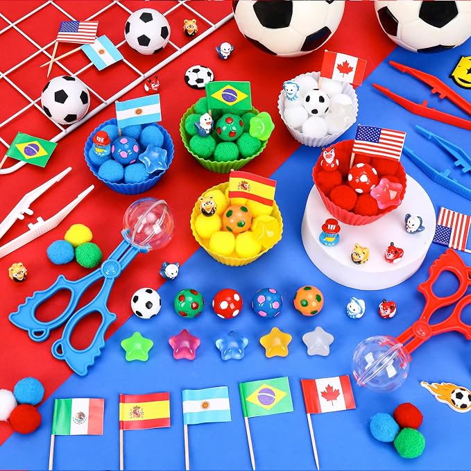 305PCS Soccer Sensory Bin Filler Soccer Fine Motor Sensory Bin Items Includes Pom Poms Soccer Duck Resin for Counting Sorting Training