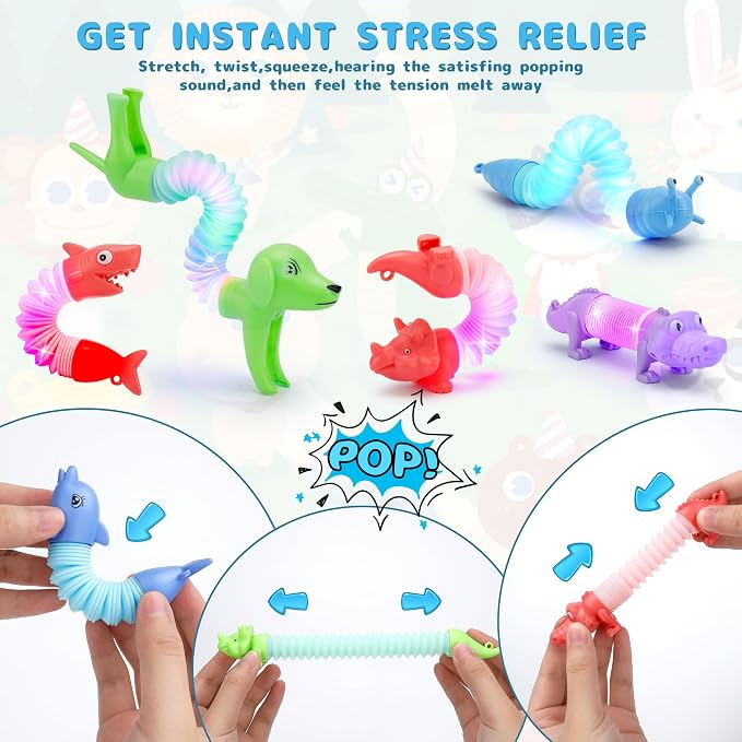 20 PCS LED Animal Pop Tubes Fidget Toys, Party Favors Toddlers Kids Travel Entertainments, Classroom Prizes,Carnival Prizes,Piñata Stuffers,Stress Relief Sensory Toys for Kids 3-8