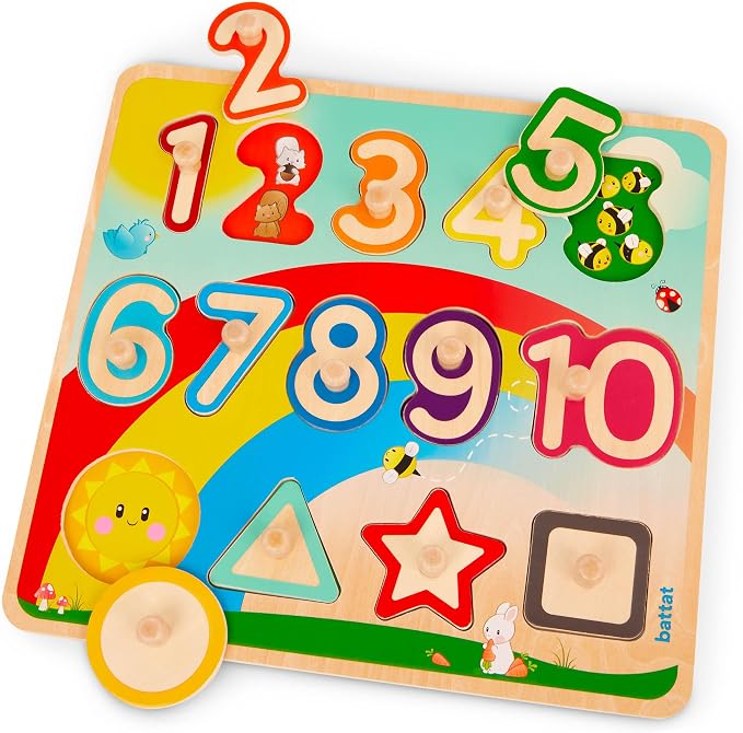 Battat Wooden Number and Shapes Puzzle, Puzzle n Learn Garden, Wood Toys | 15-piece wooden puzzle with 1 board, 10 number pieces, and 4 shape pieces for early math and matching play, 2+ Years