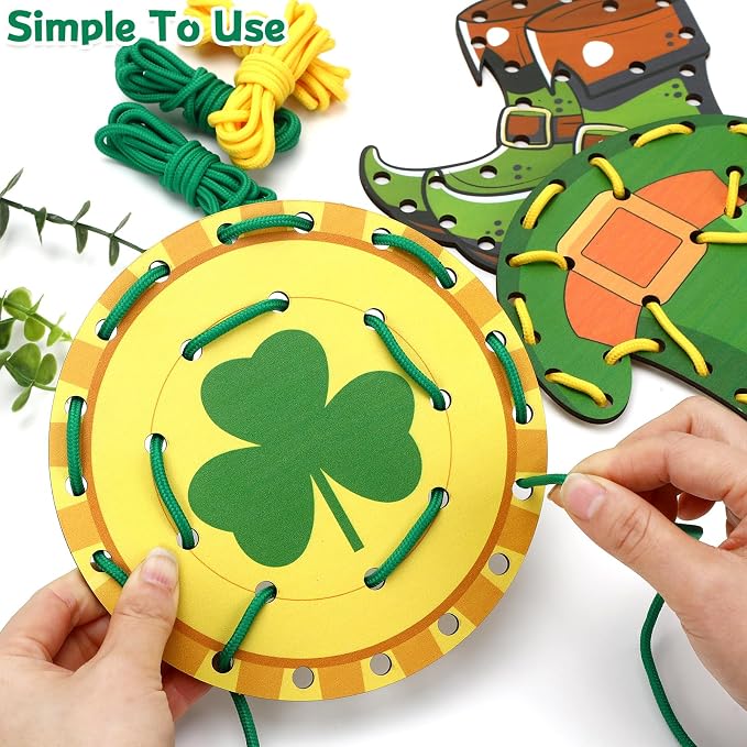 JULEASEL Lucky Lacing Cards Wooden Crafts Fine Motor Skills | Fun shamrock and holiday themed designs perfect for St. Patrick’s Day craft and classroom activities.