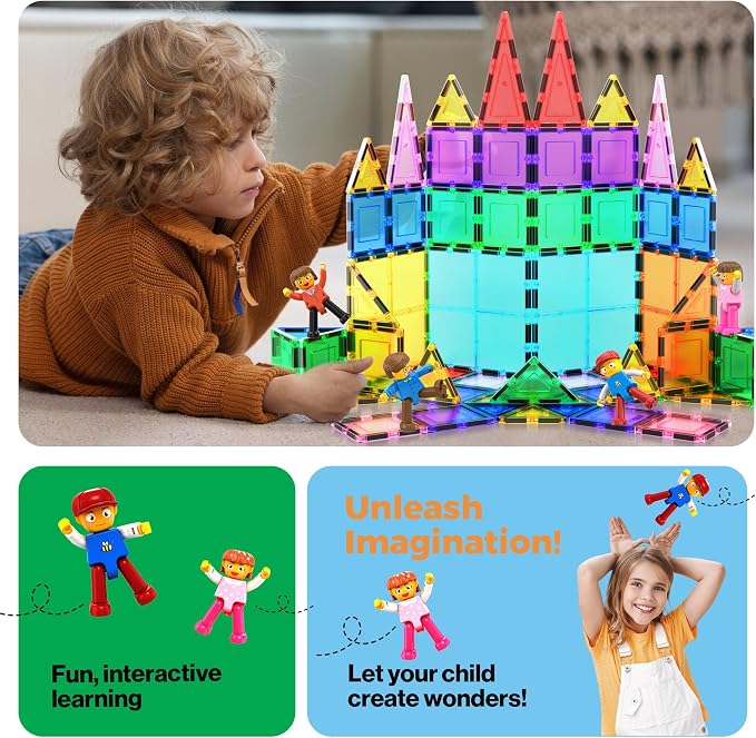 PicassoTiles 4pcs Magnetic Family Action Figures Toddler Magnet Toy Expansion Pack Educational Add-on STEM Learning Kit Toys Pretend Playset for Construction Building Block Tile for Kids Age 3+ PTA01