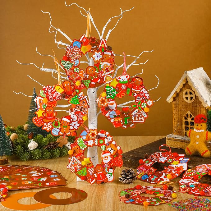 Hollowfly 48 Sets Christmas Wreath Craft Kits, Gingerbread DIY Ornaments | Foam Wreath Bases with Gingerbread Stickers, Hanging Ornaments for Kids, Christmas Party Activities and Classroom Crafts