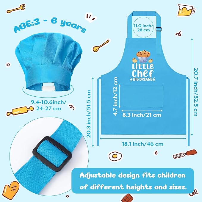 R HORSE Kid Apron and Chef Hat Set - 2Pcs Blue Little Chef Adjustable Children Kitchen Toddler Apron with Pockets for Kids, Funny Dress up Pretend Play Toy Birthday Gift for Cooking Baking Painting