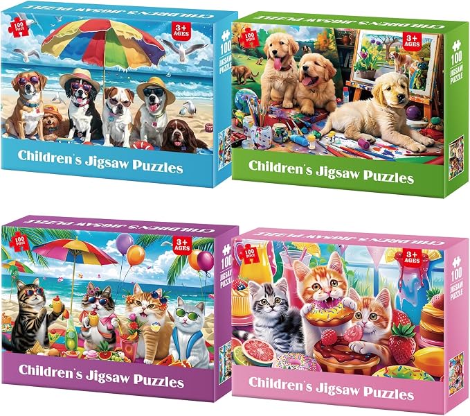 Jeacirio 4 Pack 100 Piece Puzzles for Kids Ages 4-6 6-8 8-10, Dog Cat Jigsaw Puzzles for Kids, Large Piece Educational Puzzle Toys with Posters & Bags, Gifts for Boys Girls
