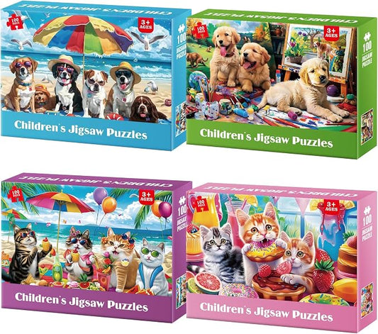 Jeacirio 4 Pack 100 Piece Puzzles for Kids Ages 4-6 6-8 8-10, Dog Cat Jigsaw Puzzles for Kids, Large Piece Educational Puzzle Toys with Posters & Bags, Gifts for Boys Girls