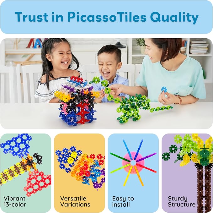 PicassoTiles 300 Piece Interlocking Disc Building Chips, STEM Toy for Kids | 300PCS, colorful connecting discs, creative block set, logic development activity, vibrant shapes, preschool ages 3 and older