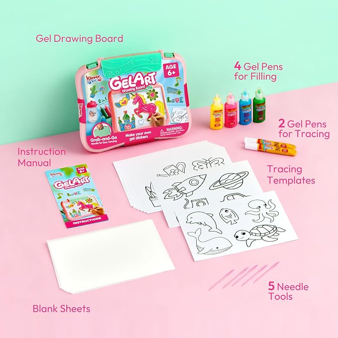 JOVA Klever Kits Gel Art Drawing Board- Window Craft and Stickers, Arts and Crafts for Kids 6 7 8 9 10, Window Clings Making Kits with 2 Tracing Pens and Storage Case, Educational Gifts for Kids
