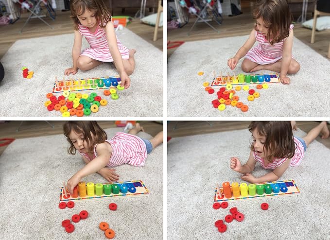 TOWO Wooden Counting Ring Stacker, 45 Rings Number Blocks Toy | Includes 45 rings and number blocks for sorting, counting and early math; Montessori learning toy for kids age 3+