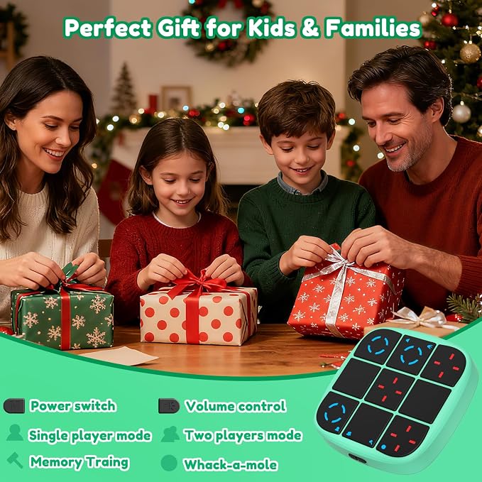 KOQQQ Rechargeable Tic-Tac-Toe Bolt Game, Upgraded 4-in-1 Handheld Puzzle Console, Electronic Educational Memory Game, Portable Travel Car Ride Board Games for Kids Adults (Cyan)