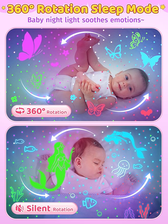 PIKOY Night Light for Kids, 90 Modes+6 Films+Dimmer+Timer+Remote Kids Night Light Projector, Rechargeable Built-in Battery+360° Silent Rotation Butterfly/Princess/Mermaid Room Decor,Girl Toys/Gifts