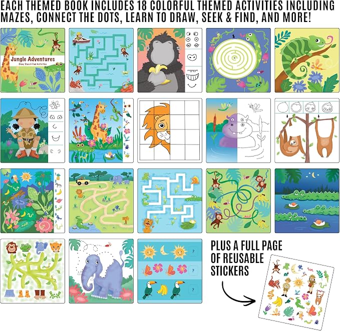 Totebook Kids Travel Activity Kit with Tethered Dry Erase Markers - Mess Free Car & Plane Activities for Toddlers Ages 4-6, Reusable Stickers, Mazes, Search and Find (Jungle Theme)