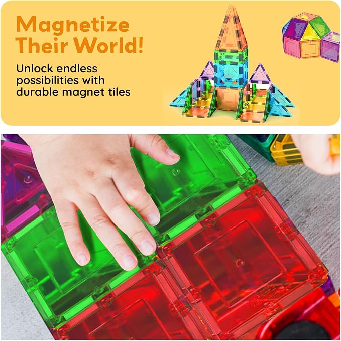 PicassoTiles 152 Piece Magnetic Tiles, Mirror Theme STEM Building Ages 3+ | Reflective finish pieces, connects from any angle, includes bonus car, compact storage case, screen-free sensory play