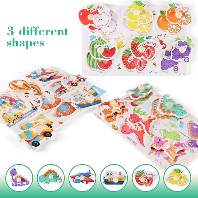 Wooden Peg Puzzles for Preschoolers 3-5, Kids' Educational Preschool Peg Puzzle Toy, Set of 3 Preschooler Puzzles - Traffic, Dinosaur, and Fruit, Ideal Gift for Ages 3 4 5 Boys and Girls