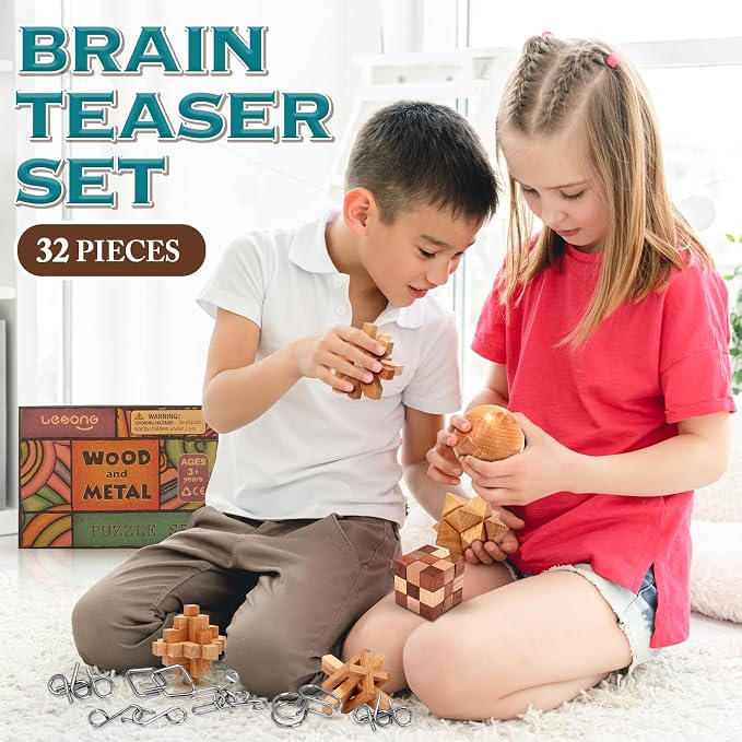 Brain Teaser Wooden Metal Puzzles - Easter Gifts for Kids Teens Brain Teaser Disentanglement Iron Link Unlock Interlock Game Chinese Ring Magic Trick Toy for Party Favors Kids Adults Challenge 32pack