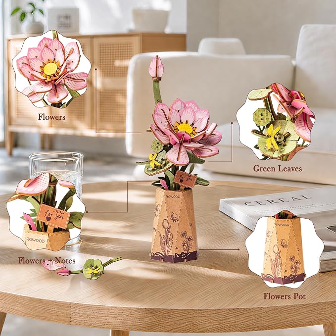rowood Lotus 3D Puzzles for Adults,Wooden Flower DIY Craft Kits for Women,Botannical Collection Table Decor,Mothers Day/Teachners Day Gift
