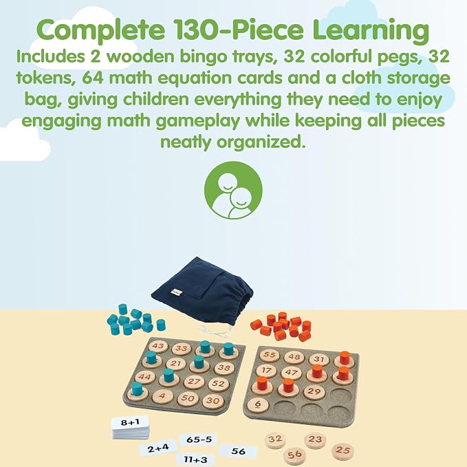 PlanToys® Wooden Math Bingo Game Montessori Number Kids Classroom Play | numbers, tiles, math games, wooden cards, girls, boys, counting, logical thinking learning gift preschool family new set