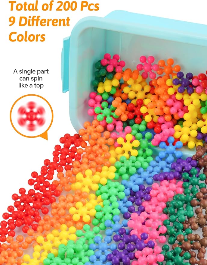 200PCS Building Blocks STEM Construction Toy for Kids 3+, Multi-Color | Interlocking Snowflake Discs in BPA-Free Plastic with Storage Case – Boosts Fine Motor Skills & Creative Play