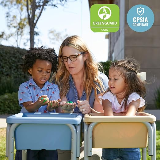 ECR4Kids 2-Station Sand and Water Adjustable Play Table, Sensory Bins, Sand/Powder Blue | Durable plastic/steel, GREENGUARD Gold Certified, 3-5 years, 80 lb capacity, adjustable legs, easy-lift lids, indoor/outdoor