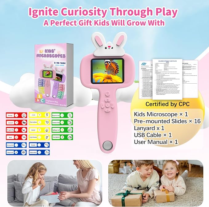 BLACKROOT Microscope for Kids, 2.4" Handheld Digital Pocket Microscope | STEM Educational Science Toys for Easter, Birthday Gifts for 5 6 7 8 9 10 11 12 Year Old Boys Girls, Pink