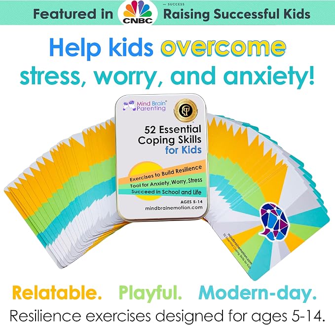 Mind Brain Emotion 52 Essential Coping Skills for Kids + Free Online Learning Library: CBT Calm Down Cards for Anxiety, Anger & Big Feelings - Emotional Regulation SEL Therapy Game, Ages 5-14