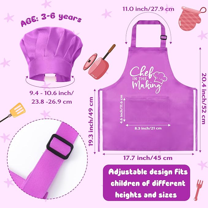R HORSE Kid Apron and Chef Hat Set - 2Pcs Purple Adjustable Children Kitchen Toddler Apron with Pockets for Kids, Funny Dress up Pretend Play Toy Birthday Gift for Cooking Baking Painting