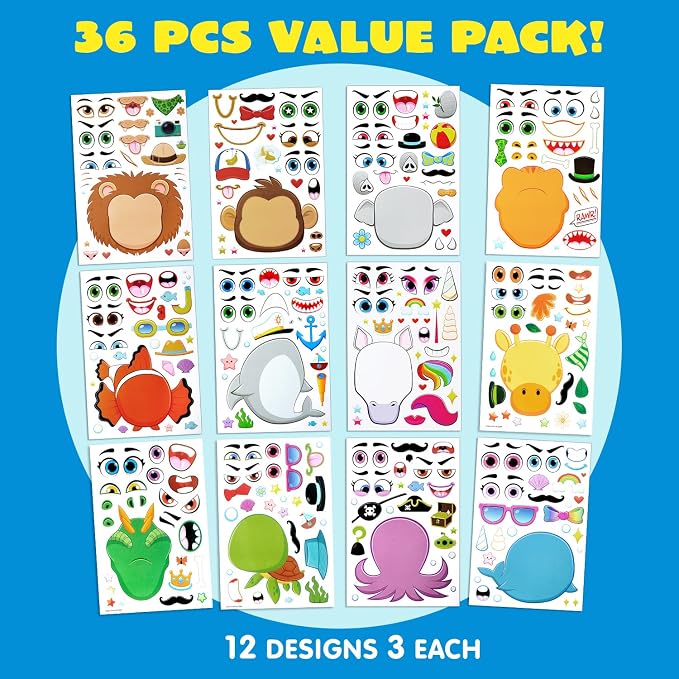 JOYIN 36 Sheets 9"x6" Make a face Stickers for Kids, Make Your Own Animal Stickers with Unicorn, Dinosaur, Sea and Safari Animals, Crafts Birthday Party Favors, Goodie Bags Classroom Activities