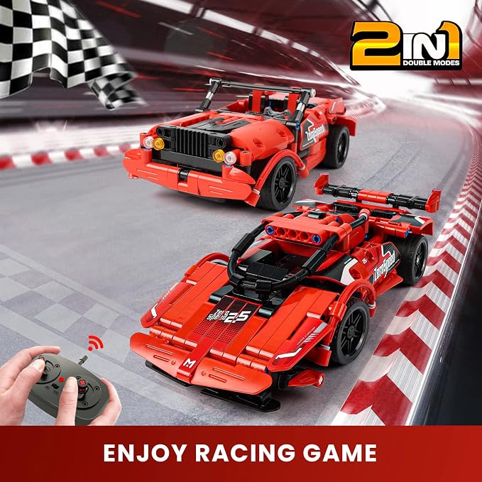 GAMZOO RC Toy Best Birthday Gifts for Age 6 7 8 9 10 11 12 Years Old Kids Boys Girls 2 in 1 Remote Control Racing Car Building Blocks 351 Pcs DIY Building Kits Engineering Construction Toy