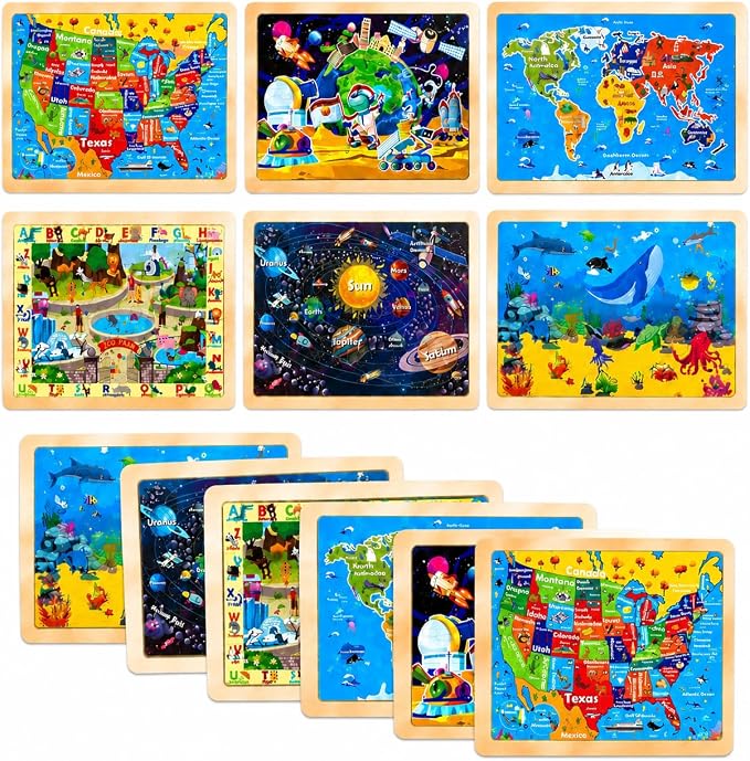 Wooden Puzzles for Toddlers 3-5,6 in 1 Jigsaw Wooden Solar System Puzzles for Ages 4-6,Preschool Educational Brain Toys Birthday Gifts for Boys and Girls 2 4 3 5 Year Old（World Map）